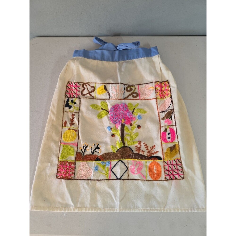 VTG Hand Embroidered Sampler Half Apron Cotton Crewel Tree of Life Folk Art MCM